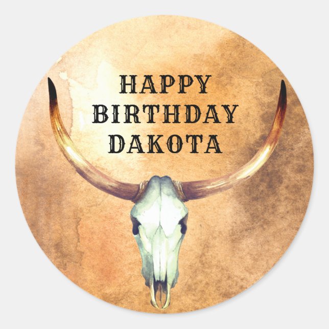 Personalised Cow Skull Steer Cowboy Birthday  Clas Classic Round Sticker (Front)
