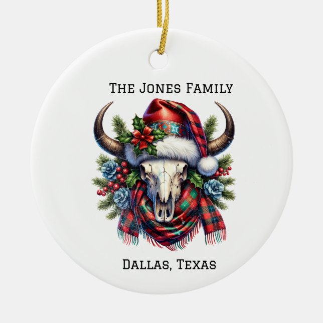 Personalised Cow Skull Western Christmas Ceramic Ornament (Front)