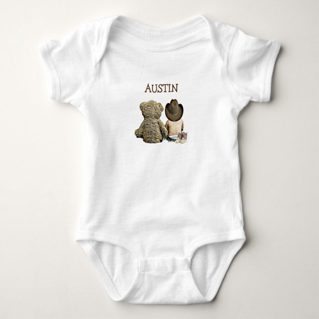 Personalised Cowboy and Teddy Bear Baby One Piece Bodysuit (Front)