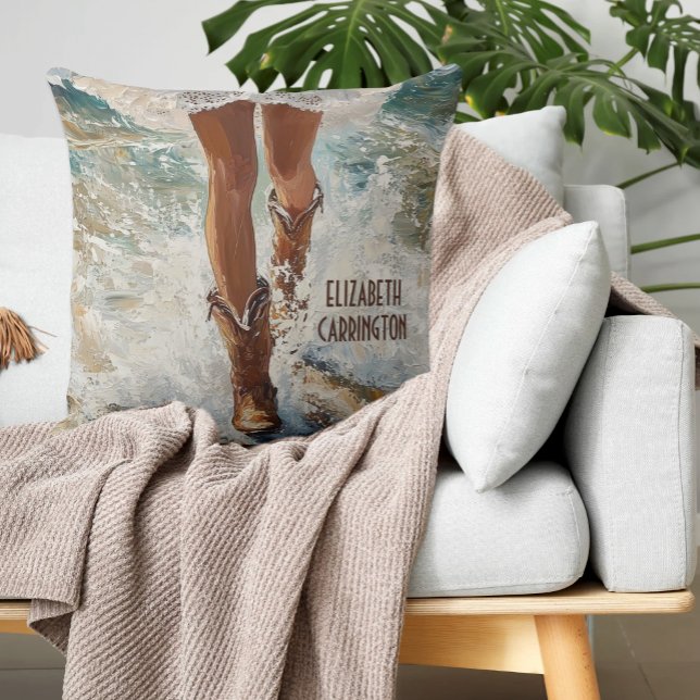 Personalised Cowgirl Beach Pillow – Custom Gift (Cowgirl Boots Walking on Beach Ocean Waves Personalized Western Gift for Girls and Women)