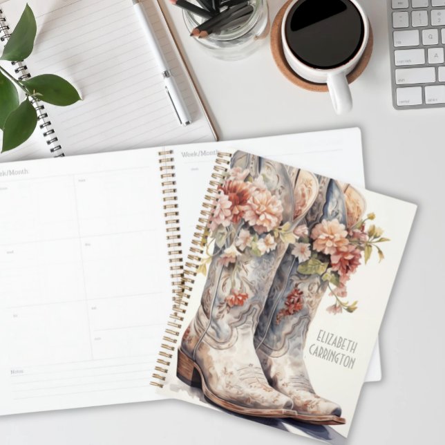 Personalised Cowgirl Boots Planner - Great Gift (Watercolor Blue Grey Cowgirl Boots and Wildflowers Personalized Planner)