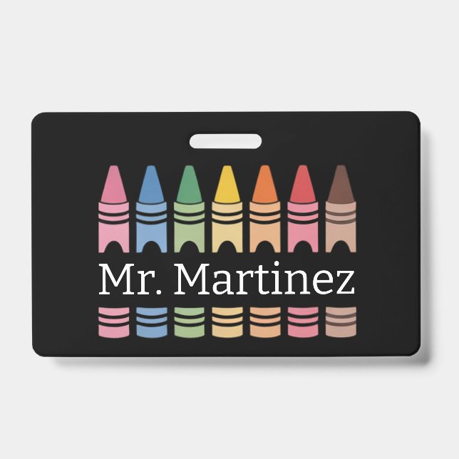 Personalised Crayon Teacher Name Cute Back School ID Badge (Front)