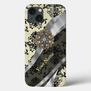 Personalised cream and black damask iPhone 13 case