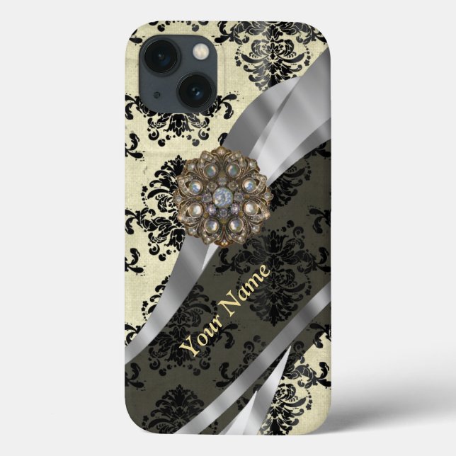 Personalised cream and black damask Case-Mate iPhone case (Back)