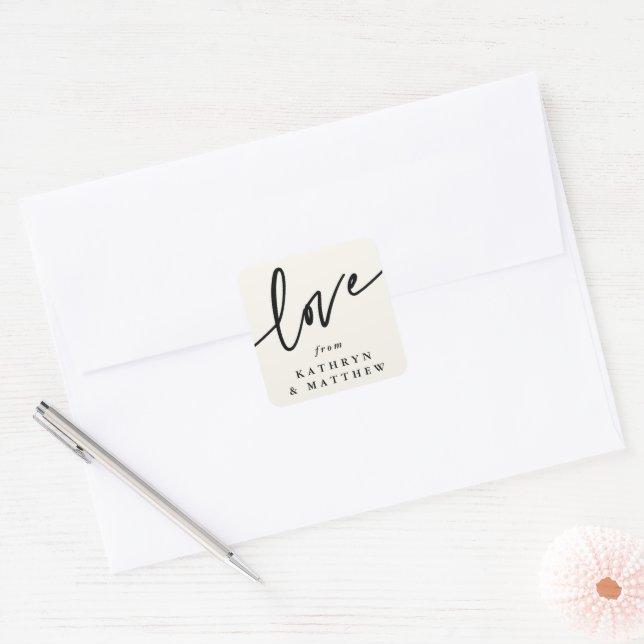 Personalised Cream + Black 'Love' Script Font  Square Sticker (Envelope)
