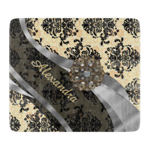 Personalised cream pretty girly damask pattern cutting board