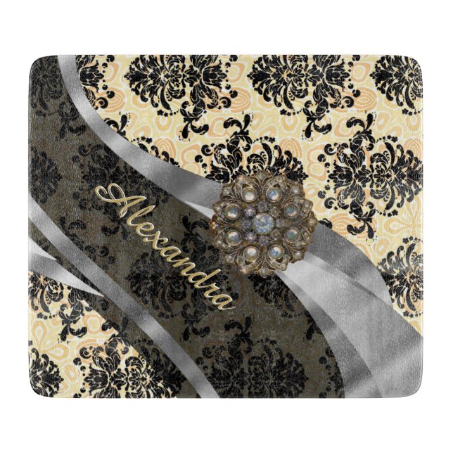 Personalised cream pretty girly damask pattern cutting board (Front)