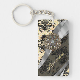 Personalised cream pretty girly damask pattern key ring