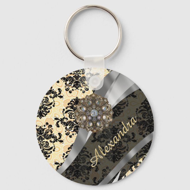 Personalised cream pretty girly damask pattern key ring (Front)
