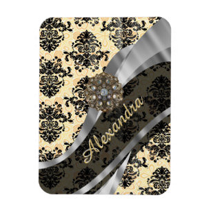 Personalised cream pretty girly damask pattern magnet