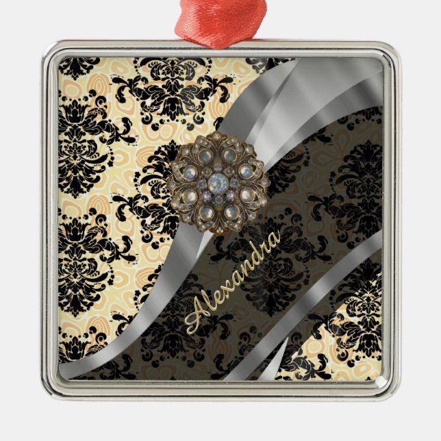 Personalised cream pretty girly damask pattern metal tree decoration (Front)