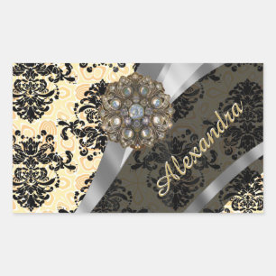 Personalised cream pretty girly damask pattern rectangular sticker