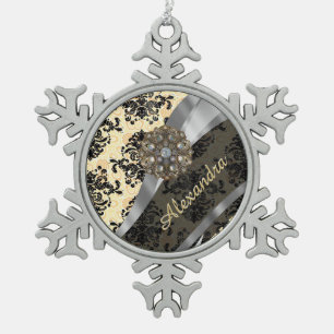 Personalised cream pretty girly damask pattern snowflake pewter christmas ornament