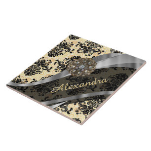 Personalised cream pretty girly damask pattern tile