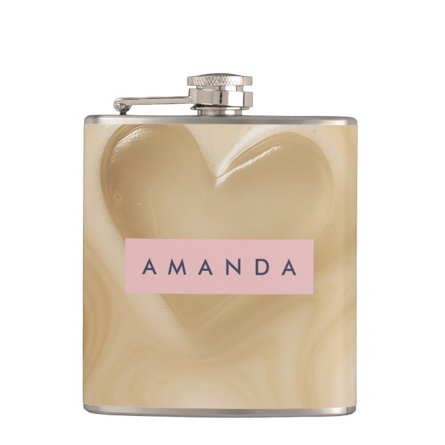 Personalised Creamy Coffee Heart Swirl Hip Flask (Front)