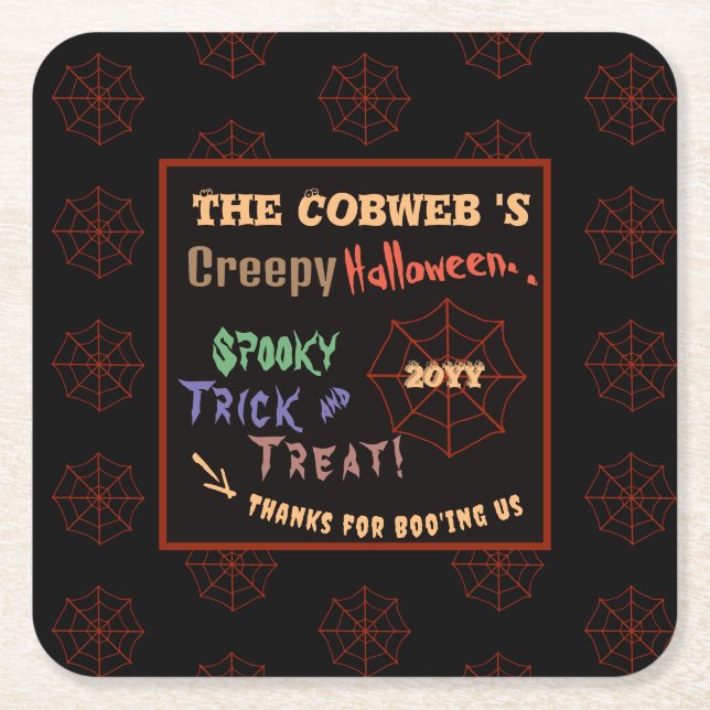 Personalised Creepy Colourful Halloween Spider Web Square Paper Coaster (Front)