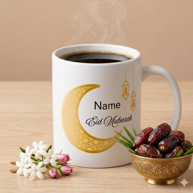Personalised Cresscent Moon Eid Mubarak Coffee Mug (White ceramic mug with black coffee, featuring a golden crescent moon and lanterns)