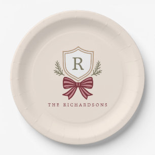 Personalised Crest Bow Monogram Christmas Party Paper Plate