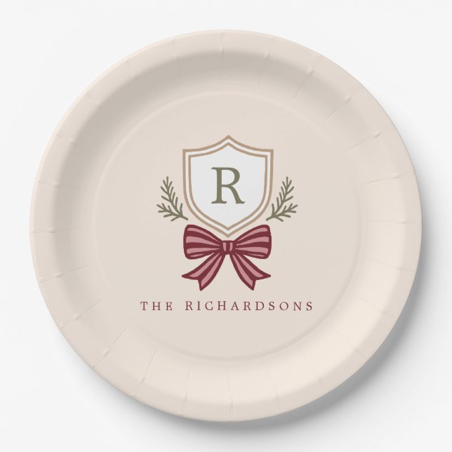 Personalised Crest Bow Monogram Christmas Party Paper Plate (Front)