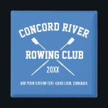 Personalised Crew Rowing Logo Oars Team Name Year Magnet<br><div class="desc">Personalised Crew Rowing team gifts featuring crossed oars and 3 lines of custom text. Add your club name, year and extra line of custom text (coach's name, rower's name, event, etc.) Easily change the background colour to match your club's colours - just click on "customise it" and then the small...</div>