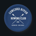 Personalised Crew Rowing Logo Oars Team Name Year Paper Plate<br><div class="desc">Personalised Crew Rowing team design featuring crossed oars and your custom text. Add your club name, year and extra line of custom text (coach's name, rower's name, event, etc.) ON some items you can change the background colour by clicking on "customise it" and then the small eye dropper. Makes a...</div>