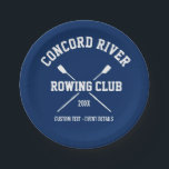 Personalised Crew Rowing Logo Oars Team Name Year Paper Plate<br><div class="desc">Personalised Crew Rowing team design featuring crossed oars and your custom text. Add your club name, year and extra line of custom text (coach's name, rower's name, event, etc.) ON some items you can change the background colour by clicking on "customise it" and then the small eye dropper. Makes a...</div>