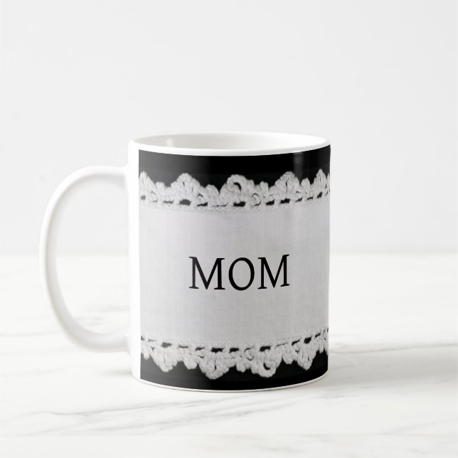 Personalised Crochet Lace Edged Fabric Mug (Left)