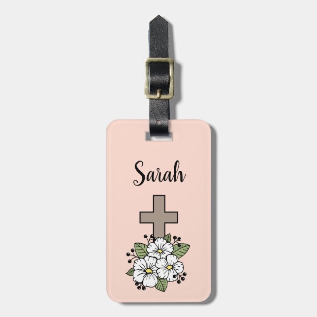 Personalised Cross and Flower Luggage Tag (Front Vertical)