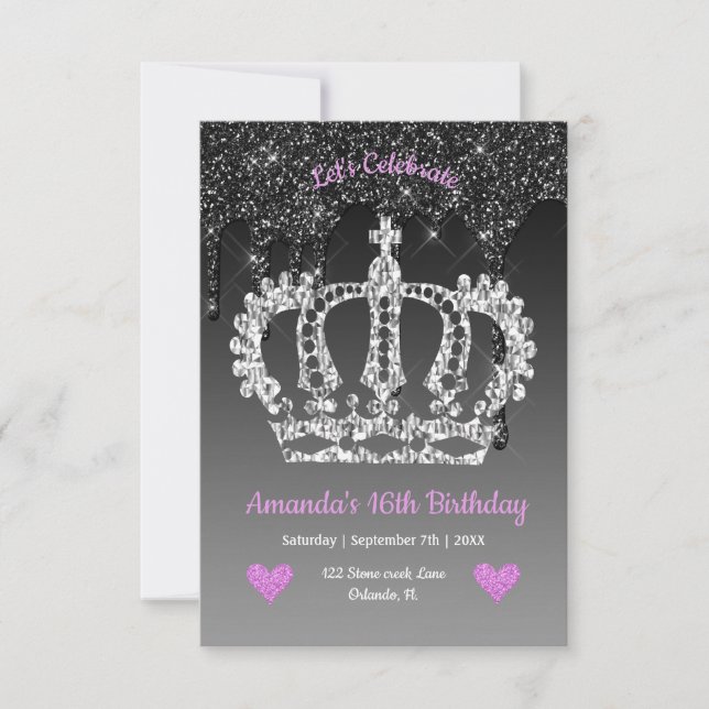 Personalised Crown & Dripping Glitter Birthday  Invitation (Front)