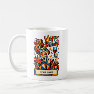 Personalised Cubist Birthday Card for Women Coffee Mug