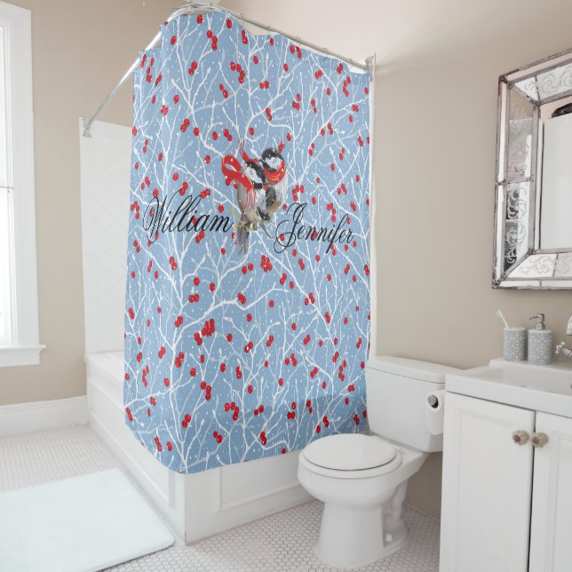 Personalised Cuddling Chickadees Christmas Shower Curtain (In Situ)