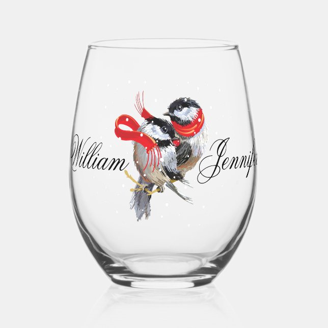 Personalised Cuddling Chickadees Christmas Stemless Wine Glass (Front)