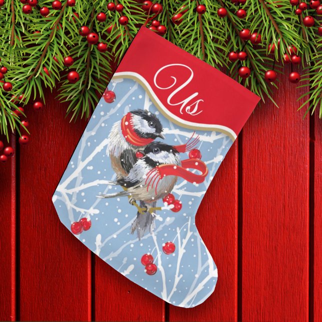 Personalised Cuddling Chickadees Couple Large Christmas Stocking (Creator Uploaded)