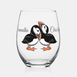 Personalised Cuddling Puffins Stemless Wine Glass