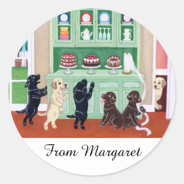 Personalised Cupboard Labrador Puppies Classic Round Sticker (Front)