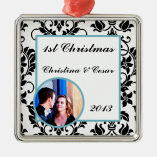Personalised Custom Black Damask Baby Blue Metal Ornament