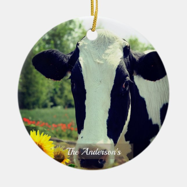 Personalised Custom Black & White Cow Photo Ceramic Ornament (Front)