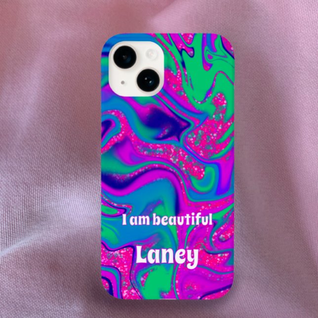 Personalised Custom Cool Groovy Pink Wavy Teal Case-Mate iPhone Case (Custom name inspirational quote groovy pink blue vibrant swirl phone case. Cool unique girly glitter)