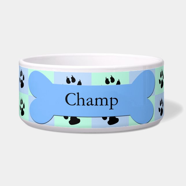 Personalised Custom Dog Bowl -- Blue Dog Bone (Front)