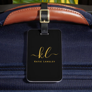Personalised Custom Elegant Script Black Gold Luggage Tag