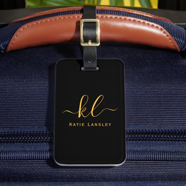 Personalised Custom Elegant Script Black Gold Luggage Tag (Front Insitu 2)