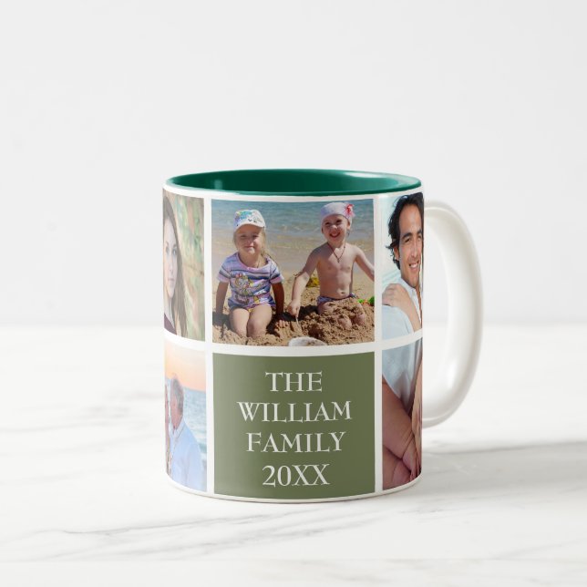 Personalised Custom Family 6 Photo Collage Sage Two-Tone Coffee Mug (Front Right)