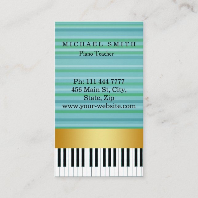 Personalised Custom Gold Stripe Piano Teacher Business Card (Front)