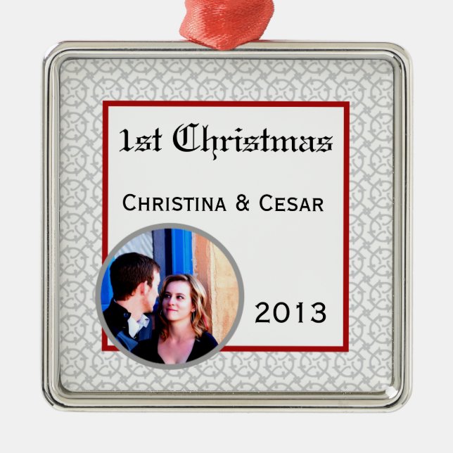 Personalised Custom Grey Red Formal Print Metal Tree Decoration (Front)