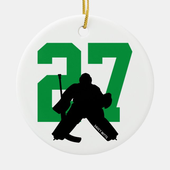 Personalised Custom Hockey Goalie Number Green Ceramic Ornament (Front)