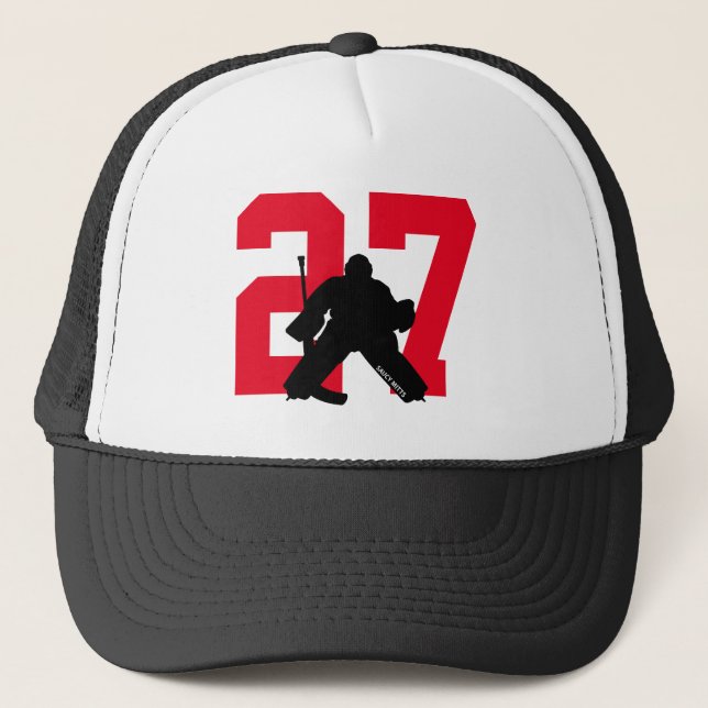 Personalised Custom Hockey Goalie Number Red Trucker Hat (Front)