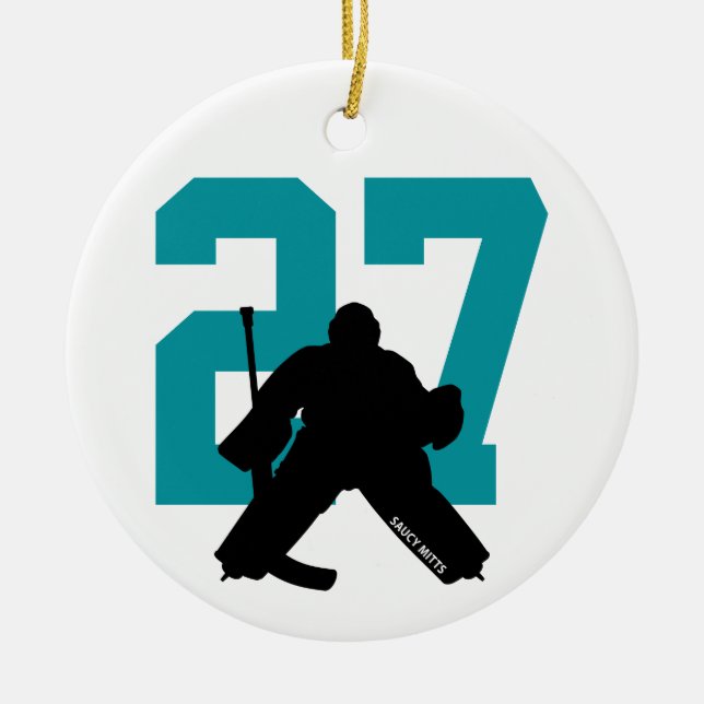 Personalised Custom Hockey Goalie Number Teal Ceramic Ornament (Front)