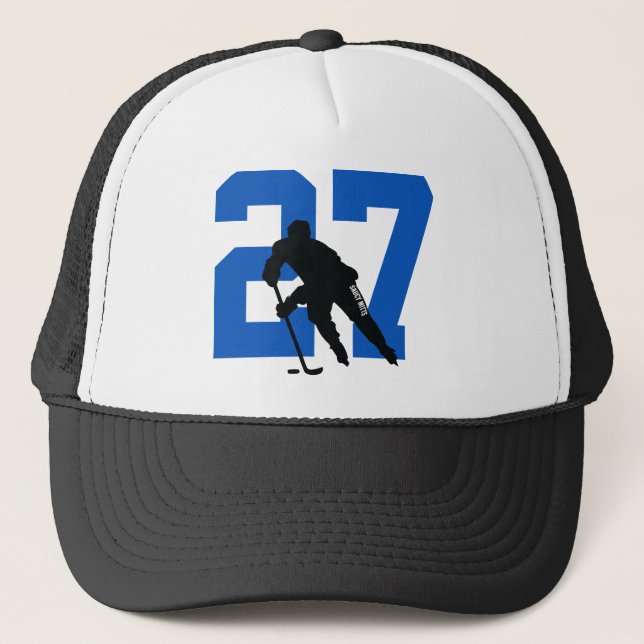 Personalised Custom Hockey Player Number Blue Trucker Hat (Front)