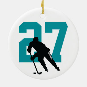 Personalised Custom Hockey Player Number Teal Ceramic Ornament