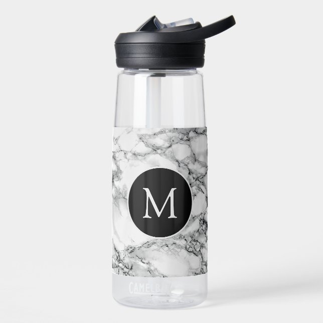 Personalised Custom Letter Monogram White Marble Water Bottle (Left)